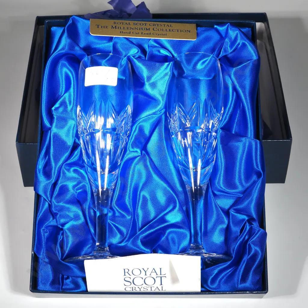 Two Boxed Royal Scott Hand Cut Lead Crystal  Millennium Goblets. Image 1++