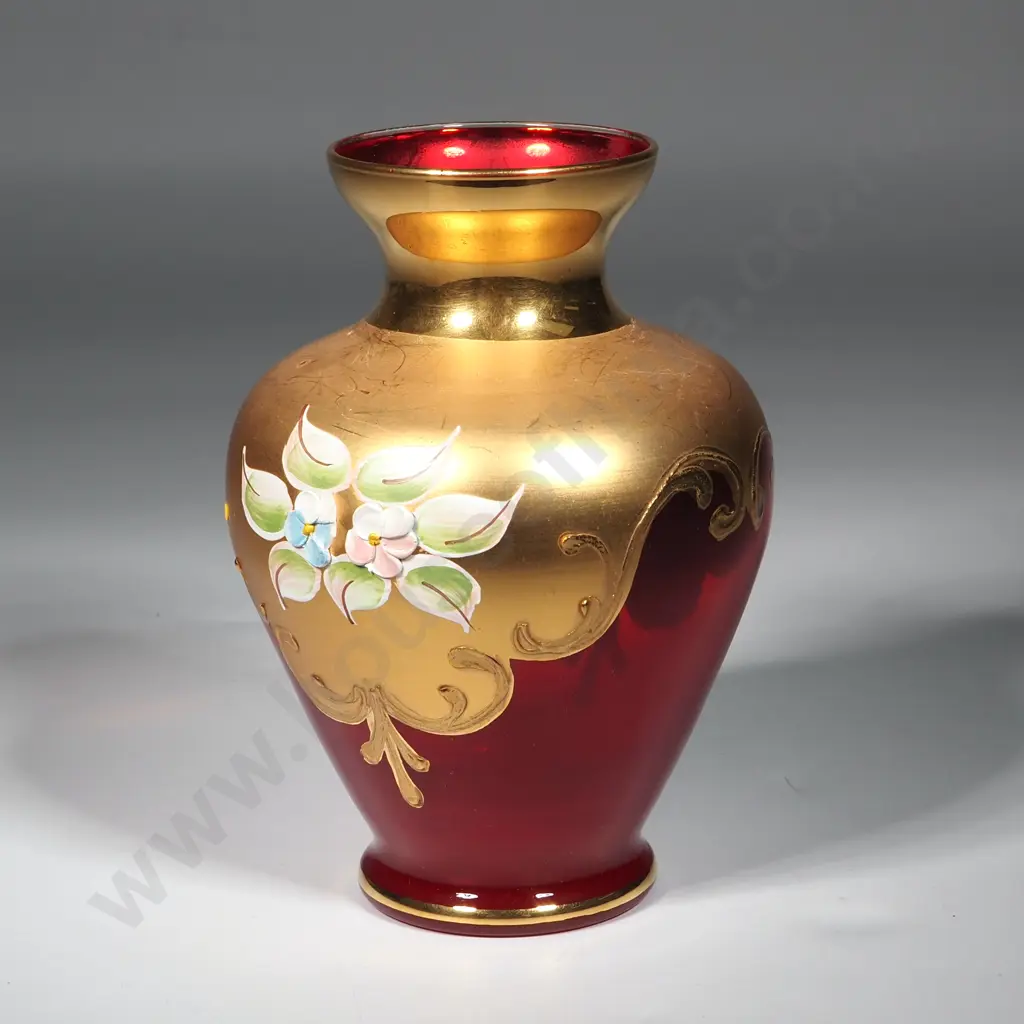 Murano Art Glass - Vintage Vase w Ruby red Glass Base & lavish GoHOval Two Toned Bowl Red Base & Side w Clear Glass Rim. Image 1++