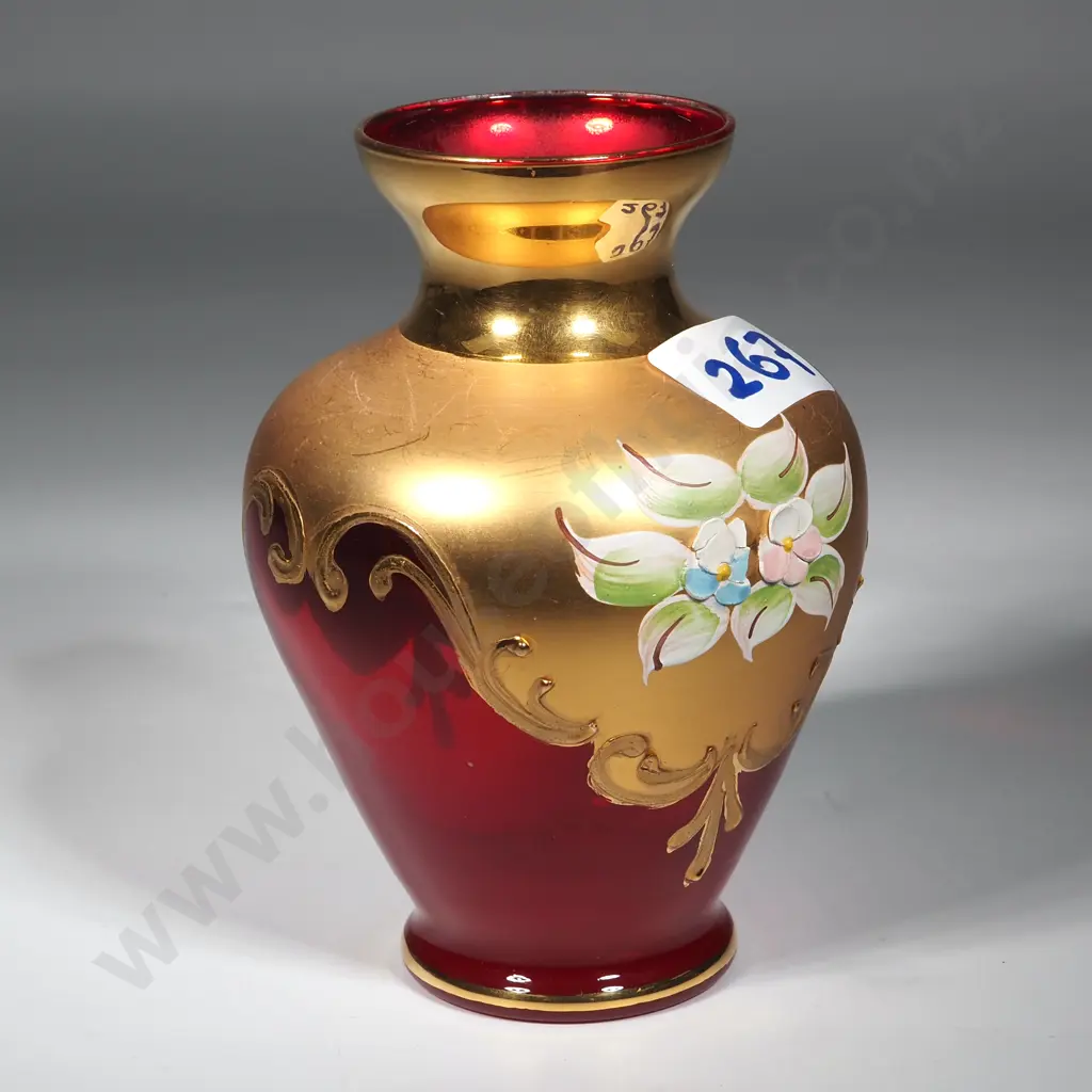 Murano Art Glass - Vintage Vase w Ruby red Glass Base & lavish GoHOval Two Toned Bowl Red Base & Side w Clear Glass Rim. Image 1++