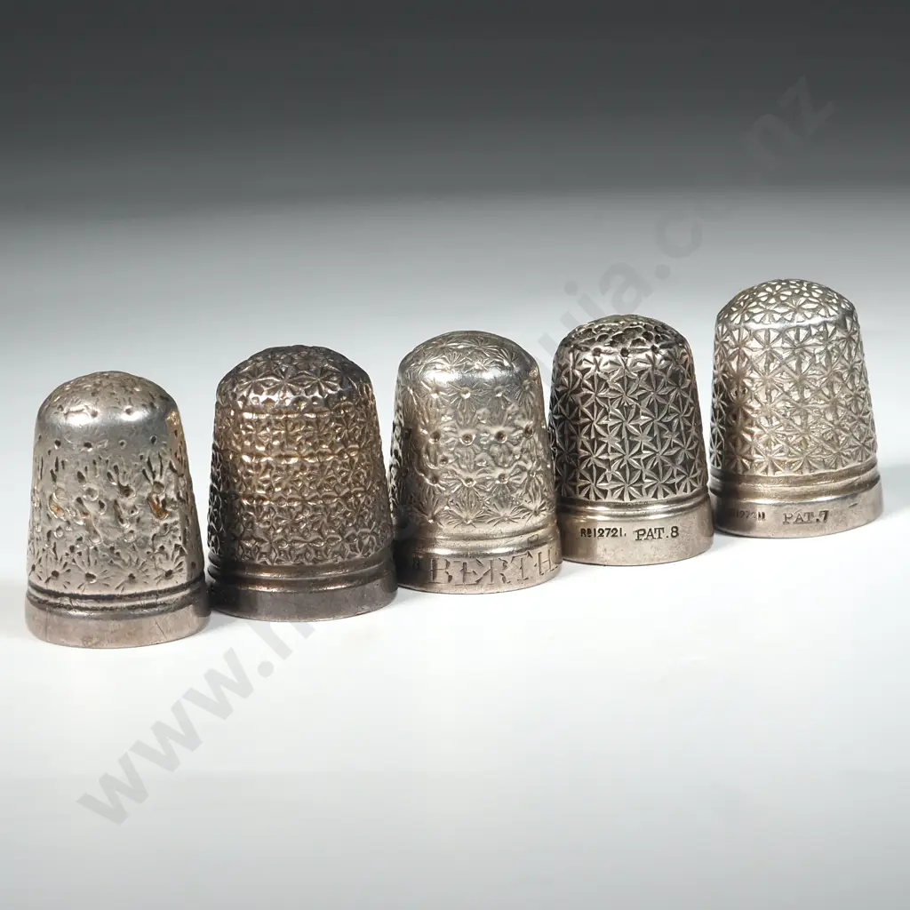 Five Metal Thimbles, One Engraved Bertha 1896. Image 1++