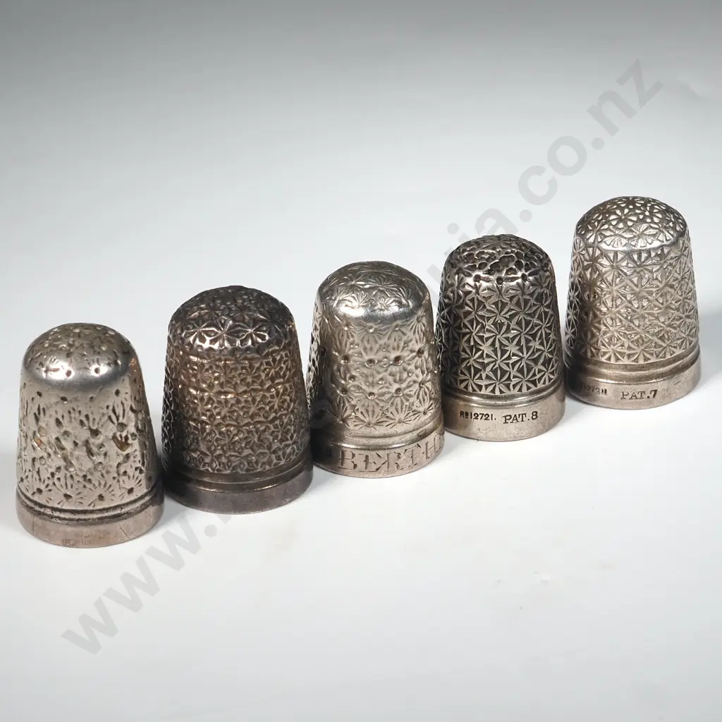 Five Metal Thimbles, One Engraved Bertha 1896. Image 1++