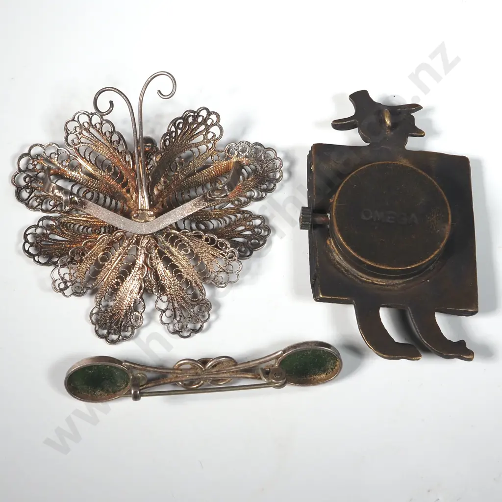 Sterling Silver Filigree Butterly Brooch (No Back Pin), Greenstone Brooch & A Omega Watch Image 1++