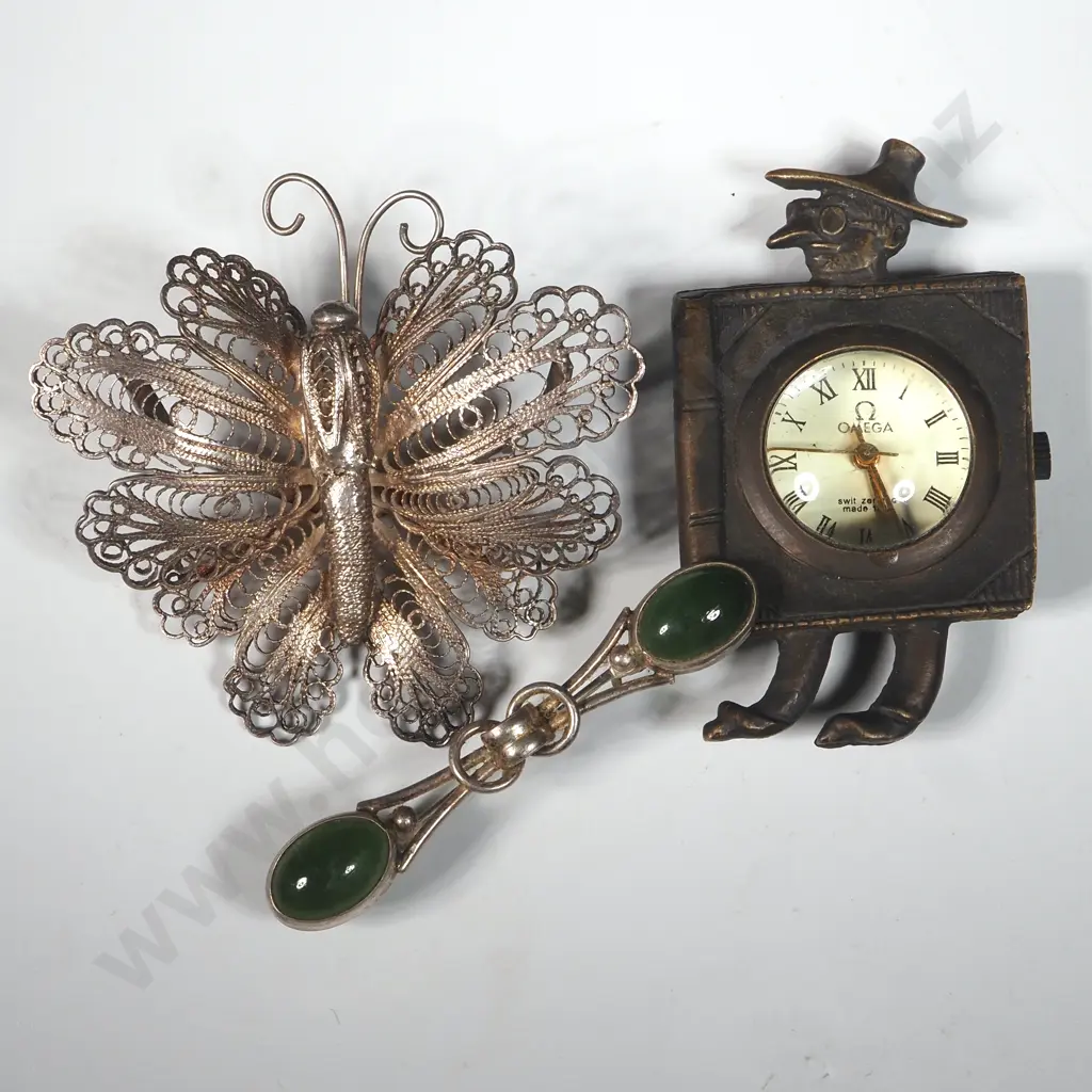 Sterling Silver Filigree Butterly Brooch (No Back Pin), Greenstone Brooch & A Omega Watch Image 1++