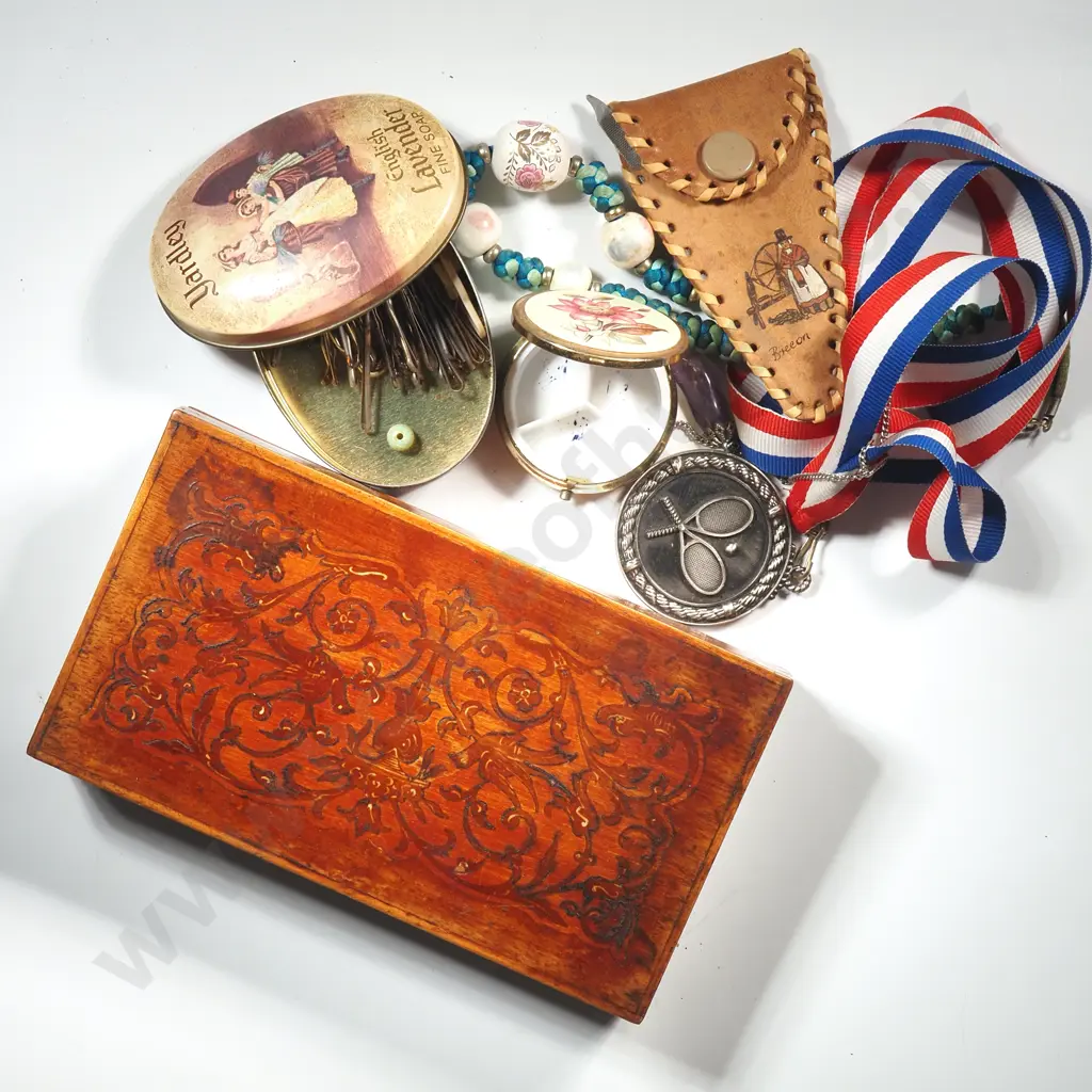 Vintage Trinket Box Containing Hatpins, Bakelite Bangle (small), A Tennis Medal, Nail File  & Two Small Tins  Image 1++