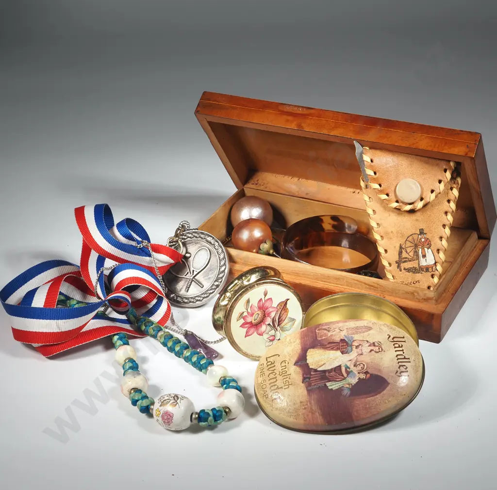 Vintage Trinket Box Containing Hatpins, Bakelite Bangle (small), A Tennis Medal, Nail File  & Two Small Tins  Image 1++