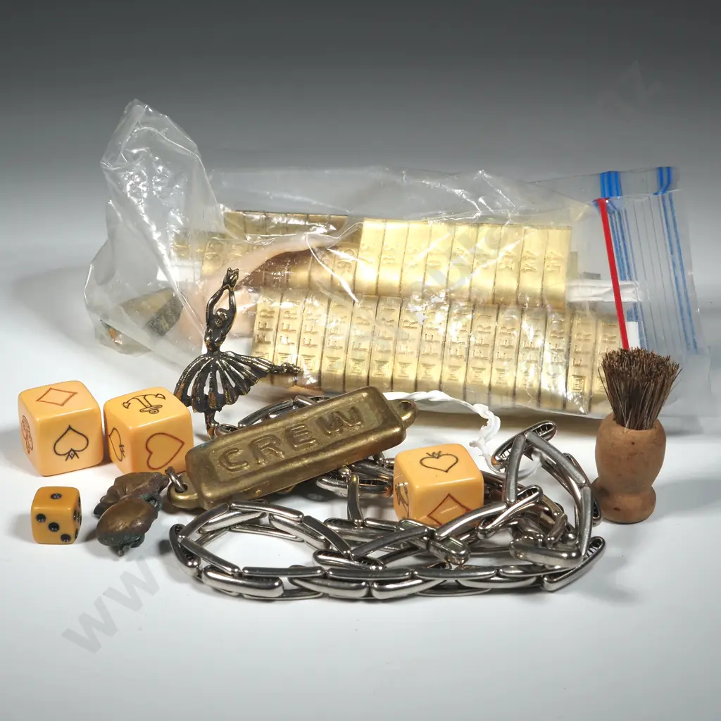 Animal Ear Tags,Vintage Arm Bands,Dice Used In  A Gambling Game Dating Back To Early 18th Century, Brass Key Ring "Crew" Image 1++