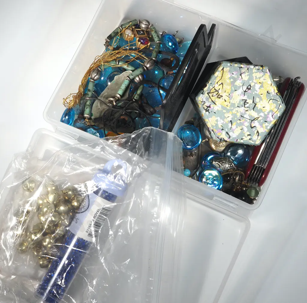 Small Segmented Plastic Box Containing Costume Jewellery, Beads &  Bells & A Vintage Folding Pocket Knife Image 1++