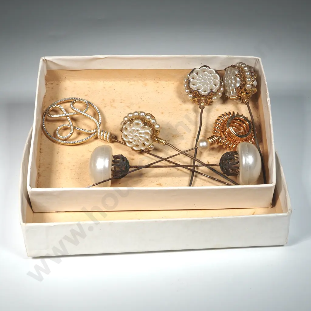 Seven Vintage Hat Pins In A Miller's Nylon Hosiery Box - A Mechanical Device Designed For Watchmen. Features A Image 1++