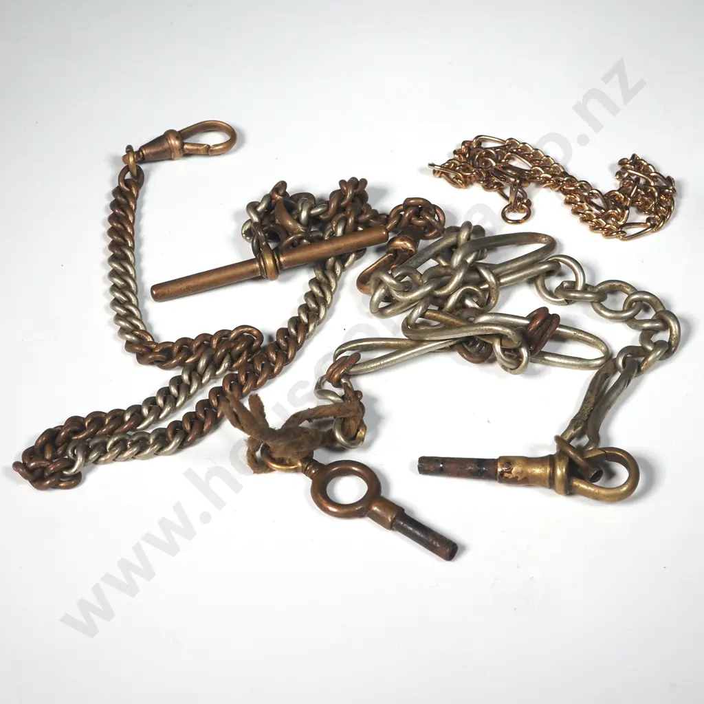 Two Silver Plated Watch Chains & Watch Keys & Gold Plate Figaro LInk Bracelet  Image 1++
