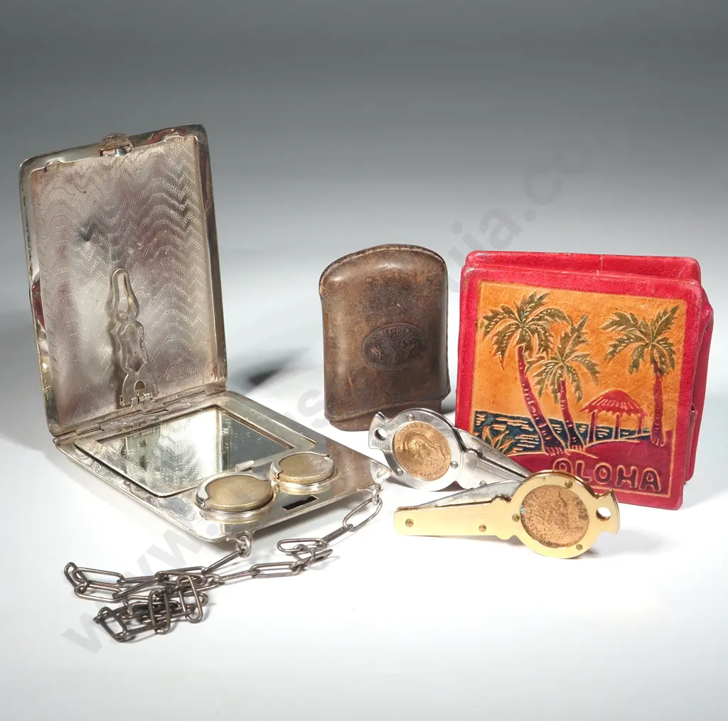 Antique Silver Plate Purse with Chain, 2 "Farthing" Pocket Knives &  Leather Souvenir Walnut Image 1++