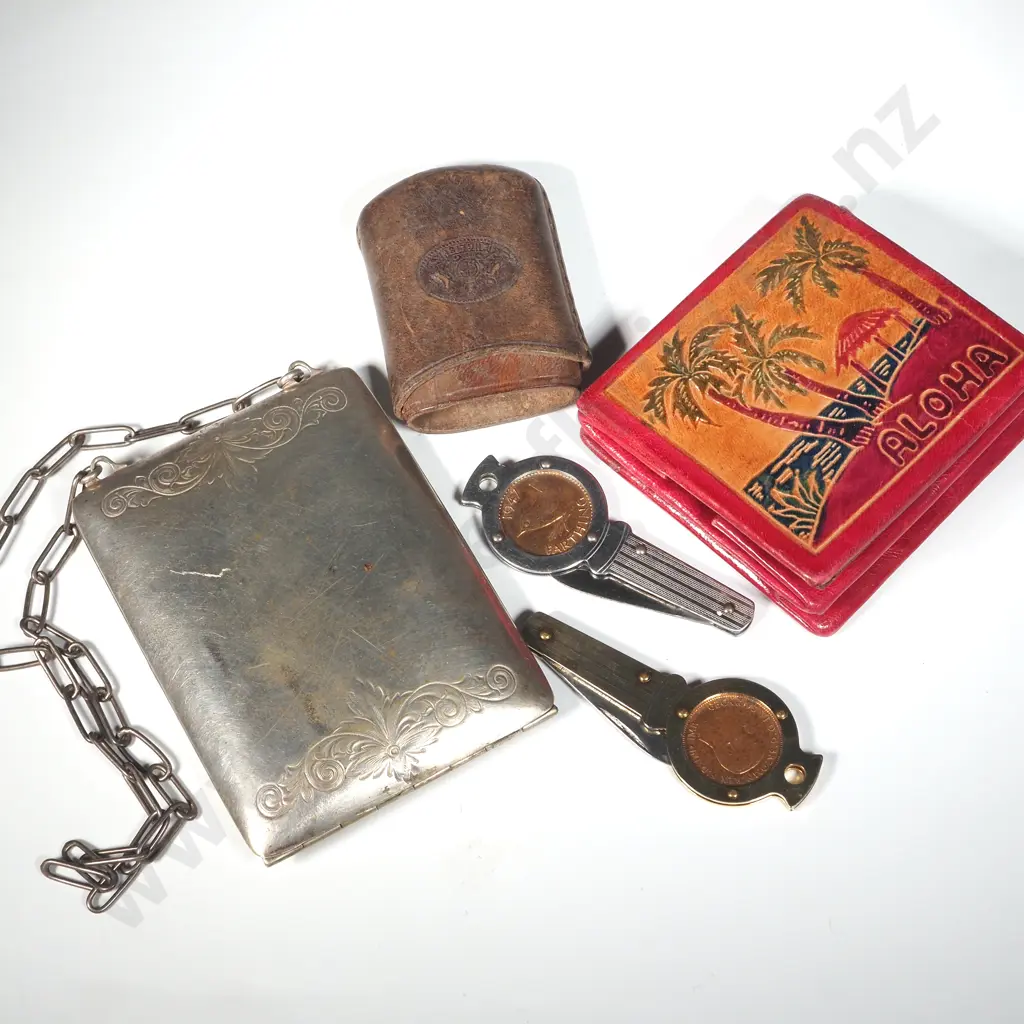 Antique Silver Plate Purse with Chain, 2 "Farthing" Pocket Knives &  Leather Souvenir Walnut Image 1++