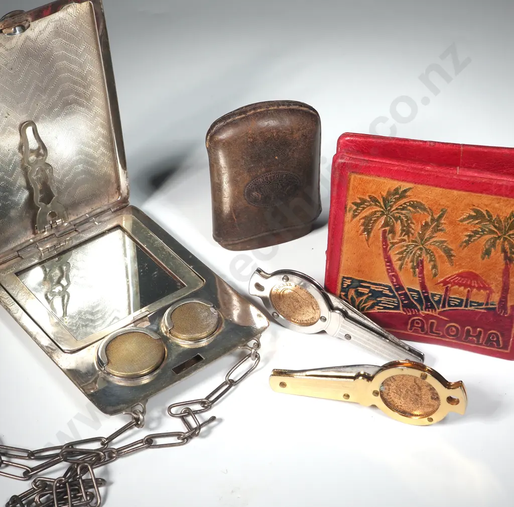 Antique Silver Plate Purse with Chain, 2 "Farthing" Pocket Knives &  Leather Souvenir Walnut Image 1++
