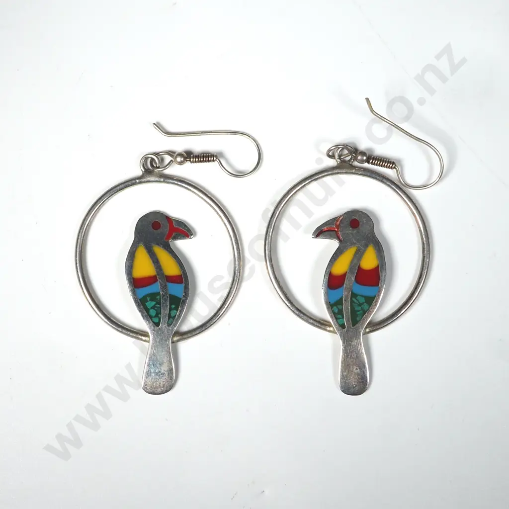 Pair of Sterling Silver Earrings with Enamelled Parrot to Centre Image 1++