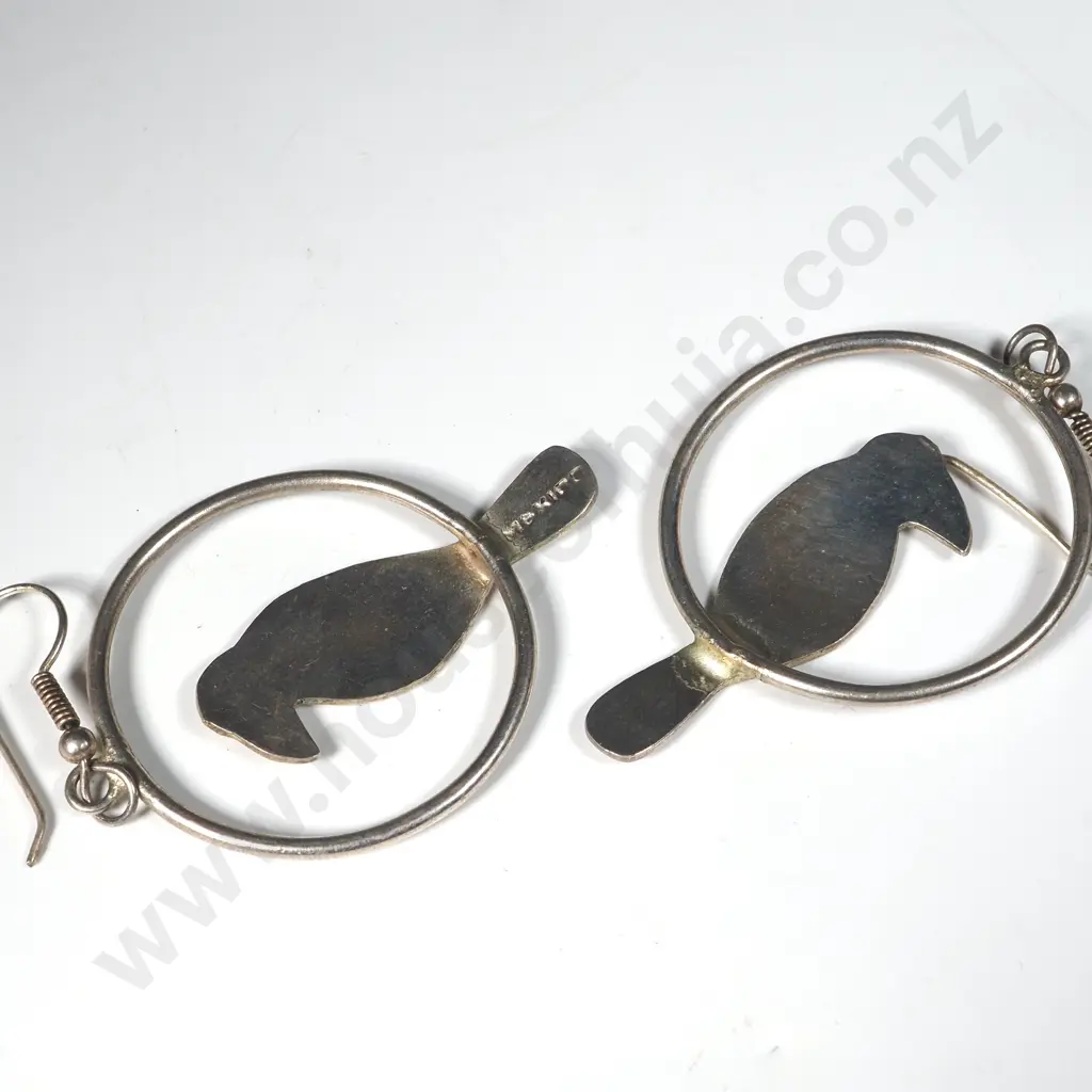 Pair of Sterling Silver Earrings with Enamelled Parrot to Centre Image 1++