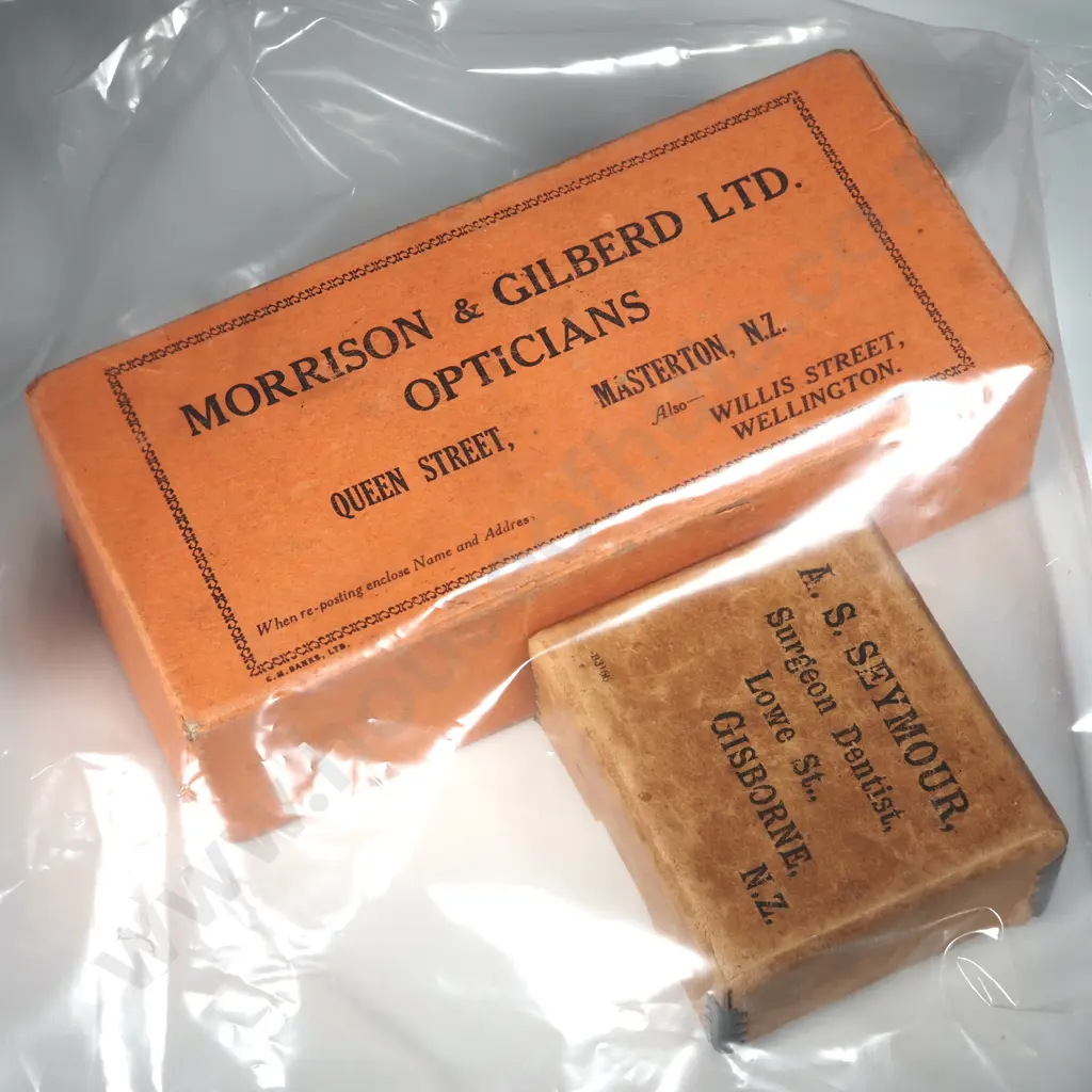 Two Vintage NZ Boxes; A.S Seymour Surgeon Dentist & Morrison & Gilbert Ltd. Opticians  Image 1++
