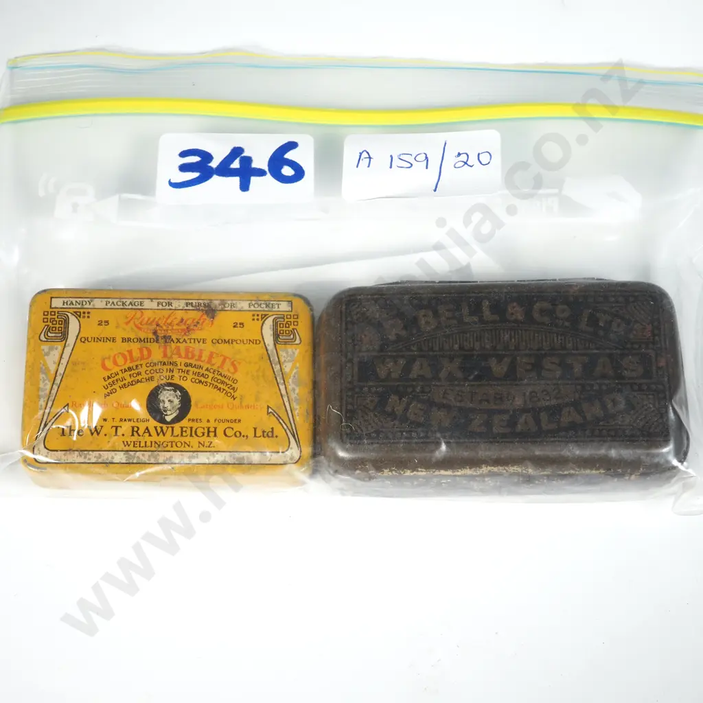 Two Small Vintage NZ Tins ; R Bell & Co Ltd Wax Vesta & Raleigh's Cold Tablets Image 1++