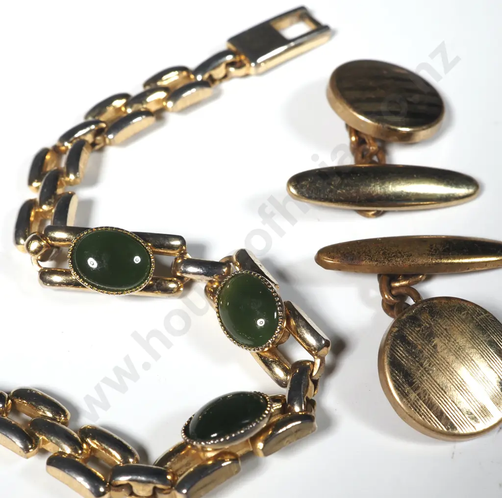 Greenstone & Gold Plate Link Bracelet & A Pair Of Gold Plated Cufflinks Image 1++