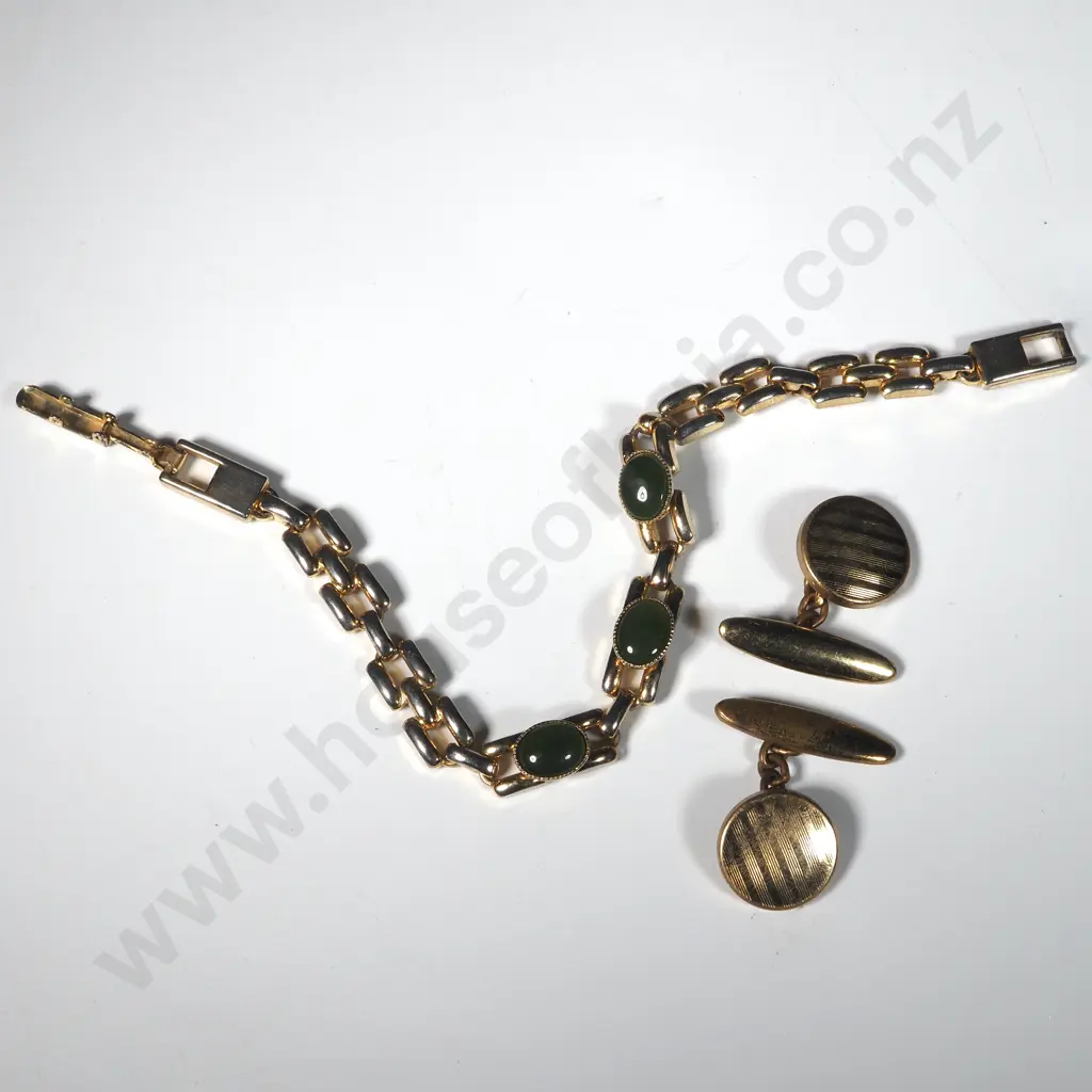 Greenstone & Gold Plate Link Bracelet & A Pair Of Gold Plated Cufflinks Image 1++