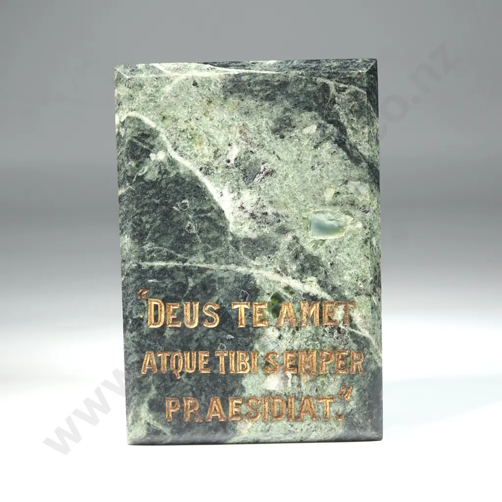 Greenstone Tablet/ Paperweight with Latin Inscription. Translated; May God Love You & Always Protect You Image 1++