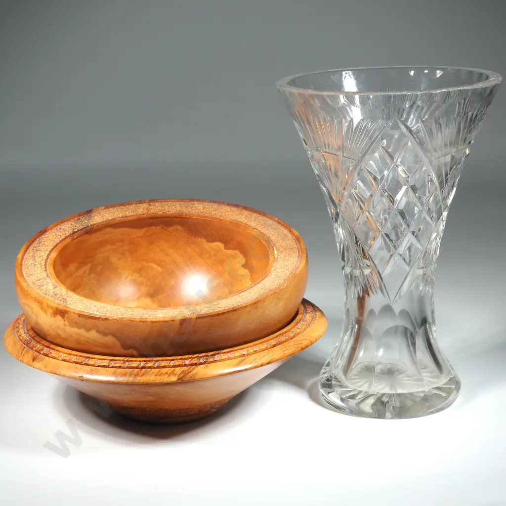 Two Wooden Bowls & A Crystal Vase  Image 1++