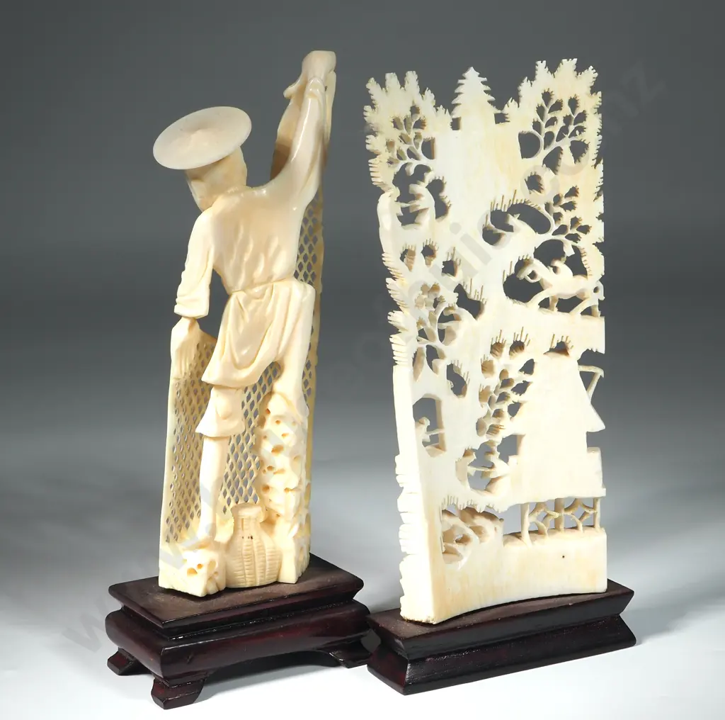 Carved Figure Of A Fisherman With Net & A Carved Village Scene With Horse & Boat Image 1++