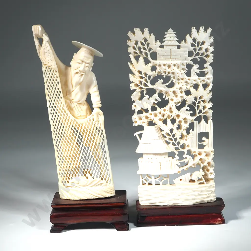 Carved Figure Of A Fisherman With Net & A Carved Village Scene With Horse & Boat Image 1++