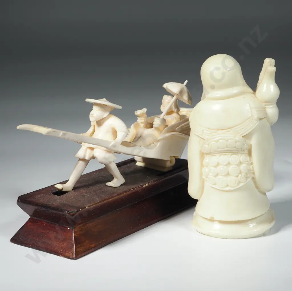 Carved Buddha Figure & Another Of A Man Pulling & Rickshaw  Image 1++