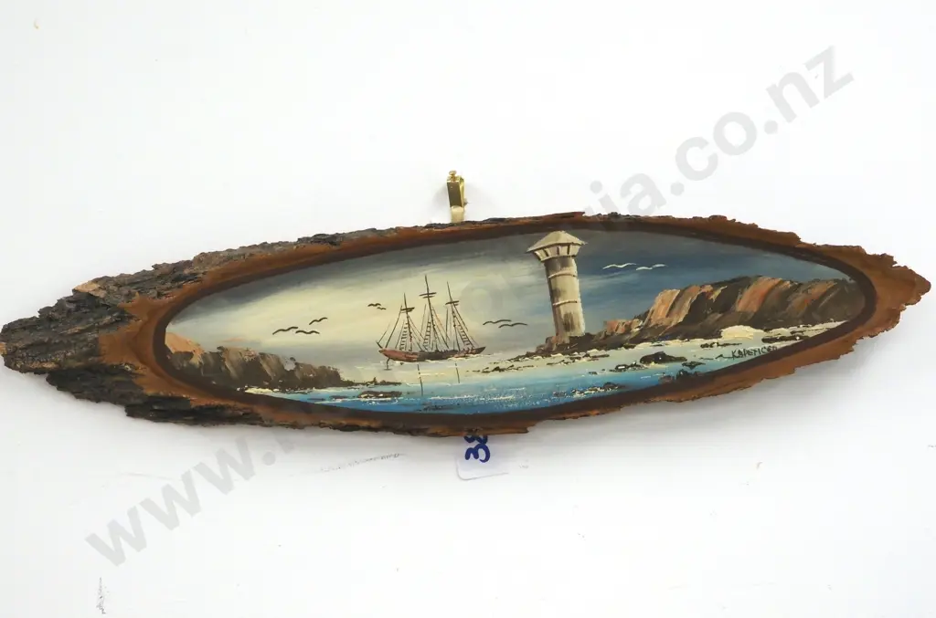 Vintage Wood Slice By Kevin Spencer Gold Coast Artist Depicting A Coastal Scene with a Lighthouse  Image 1++