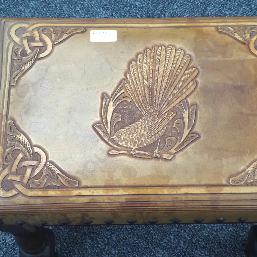 Wood & Leather Footstool On Four Turned Legs with Tooled Leather Top Depicting A Fantail.  Image 1++