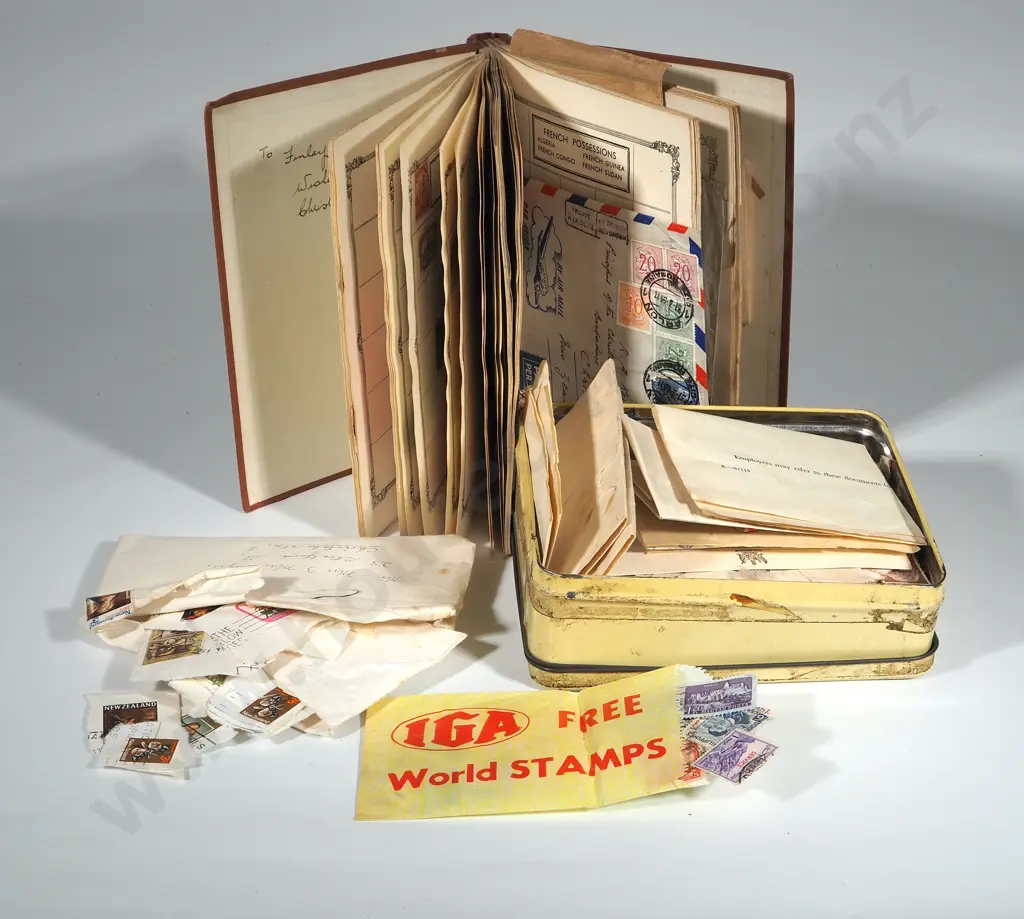 Stamp Ephemera Including The New Zealand National Stamp Album & a Tin of Misc. Stamps Image 1++