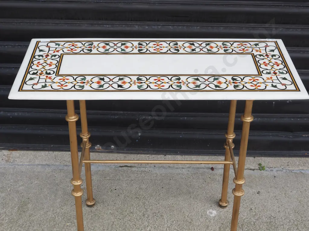 Marble Mosaic Side Table. The Intricately Agra Inlaid Marble, on a Gilt Wrought Iron Base. Image 1++