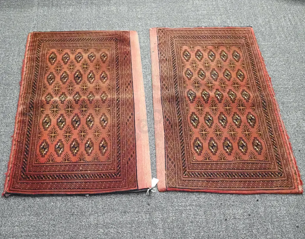 Two Repurposed Persian Rugs. Now Modified Into Two Large Cushions. Dark Pink With Elephant Motif Patterns Image 1++