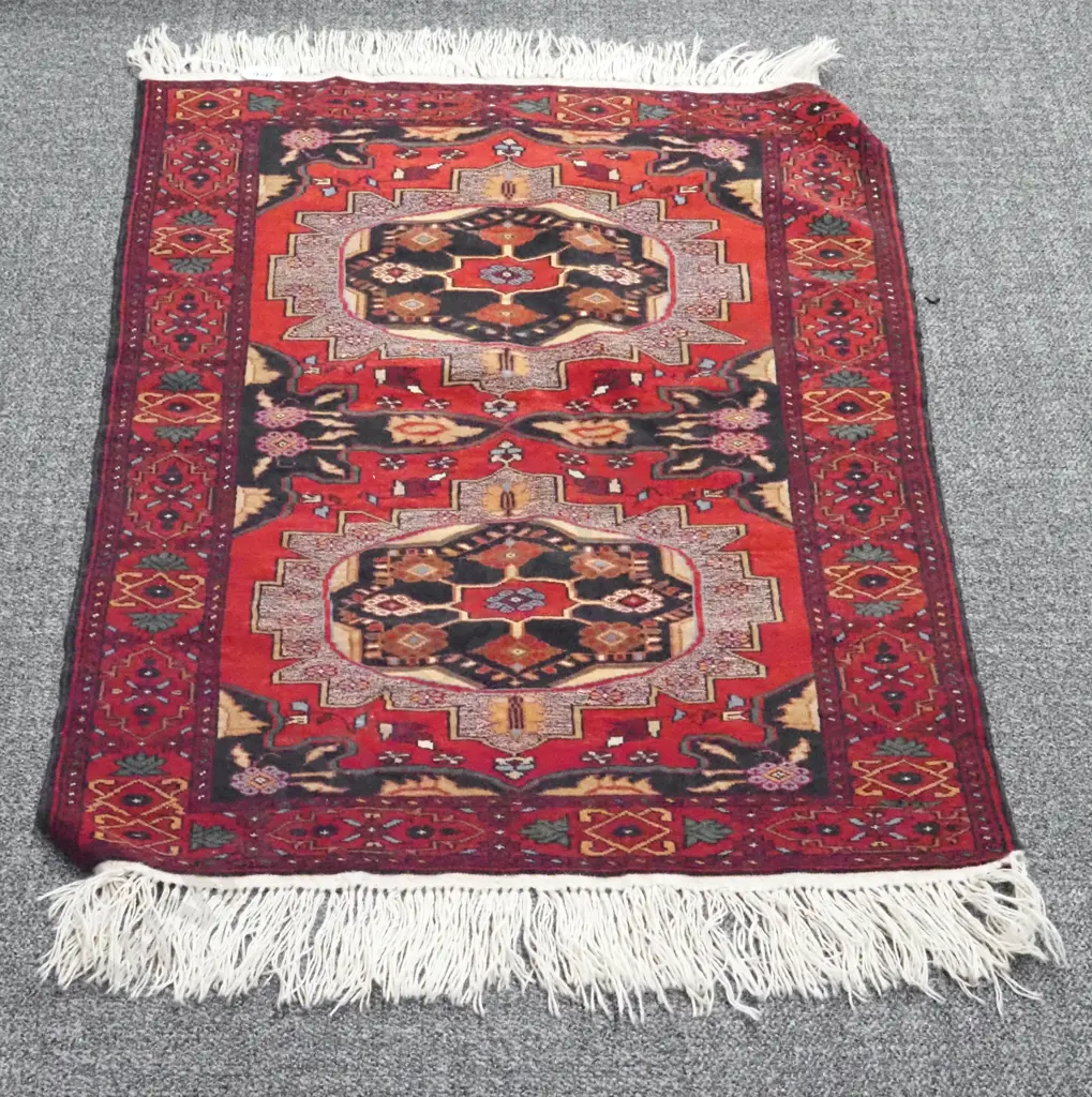 Hand Knotted Afghan Rug. Red Ground With Two Large Geometric Patterns to Centre  Image 1++