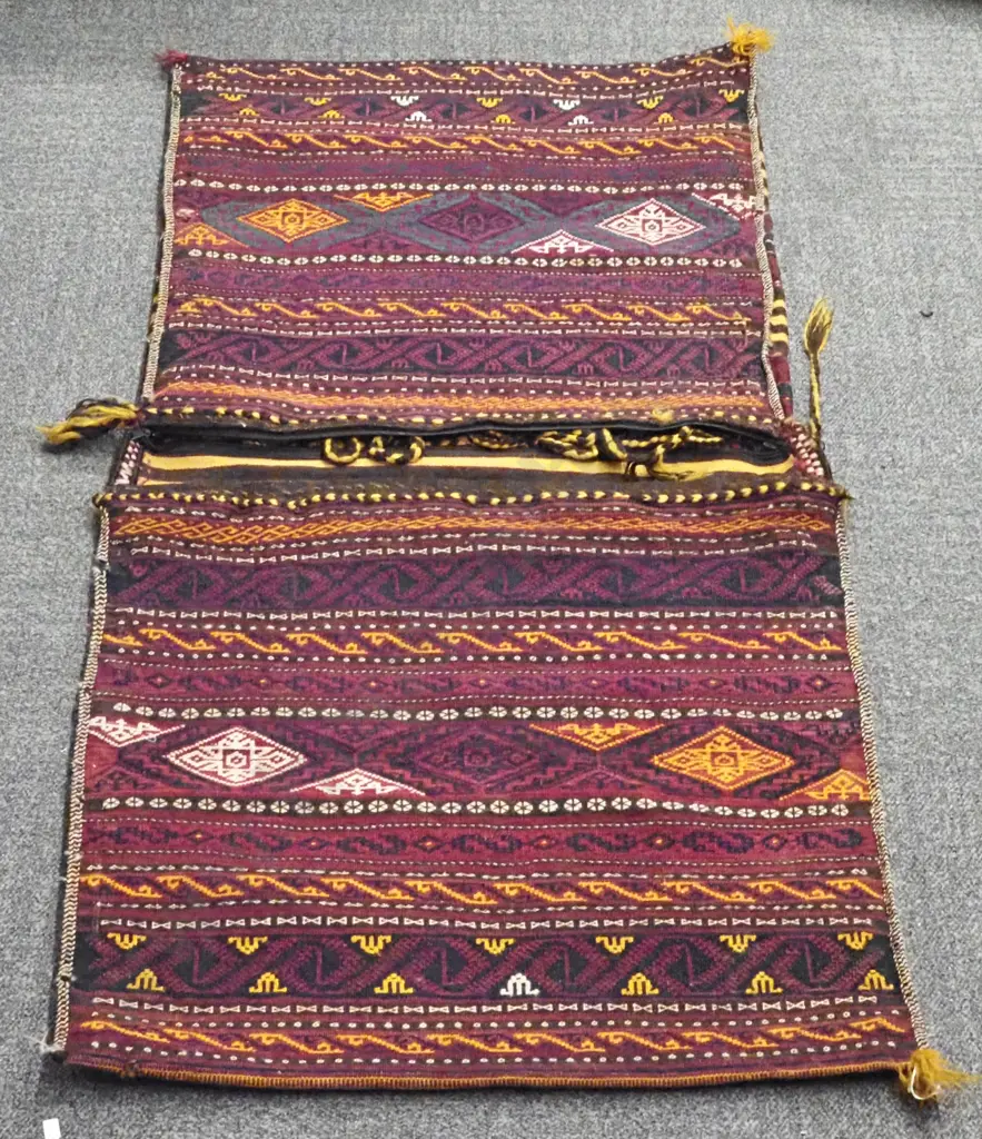 Afghan Kilim Double Camel/ Saddle  Bag. Crimson Ground With Allover Geometric Patterns. Image 1++