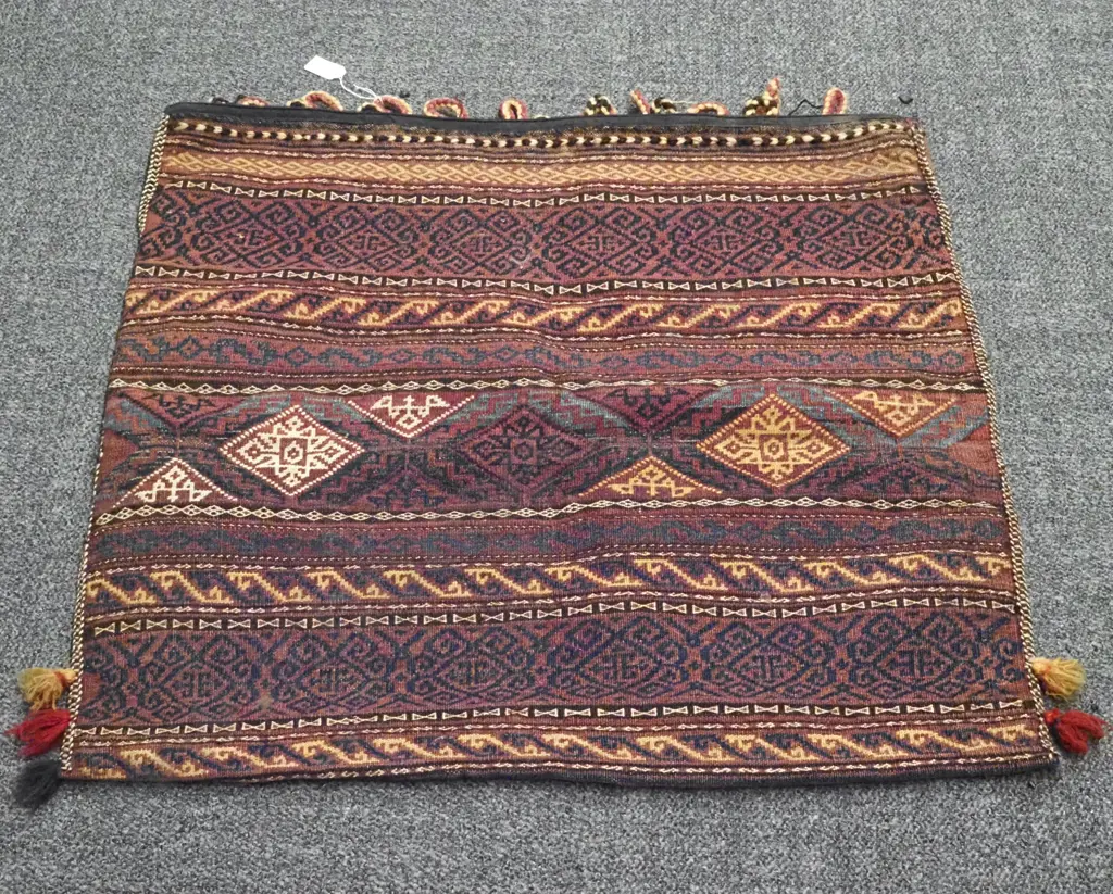 Kilim Single Camel/Saddle Bag In Mauves, Blue & Browns With  Allover Geometric Decoration Image 1++