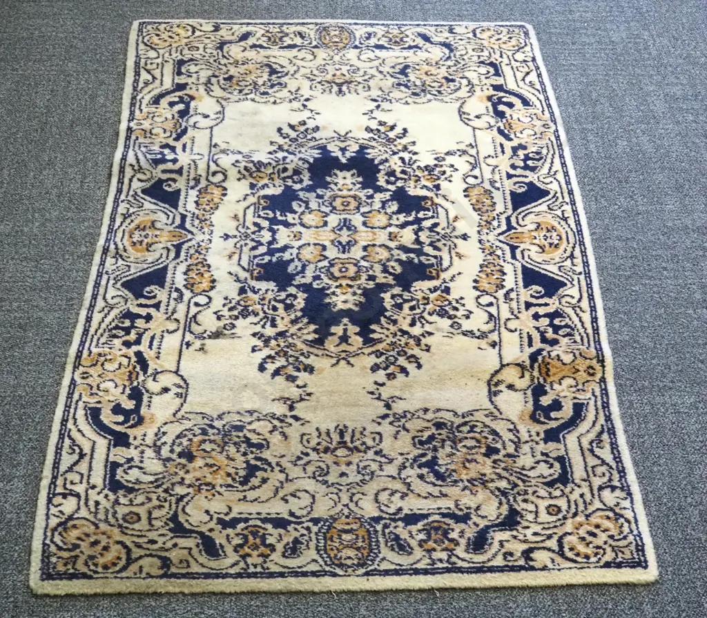 Vintage Traditional Persian Inspired Cream Rug w Blue/Brown Motif. Image 1++