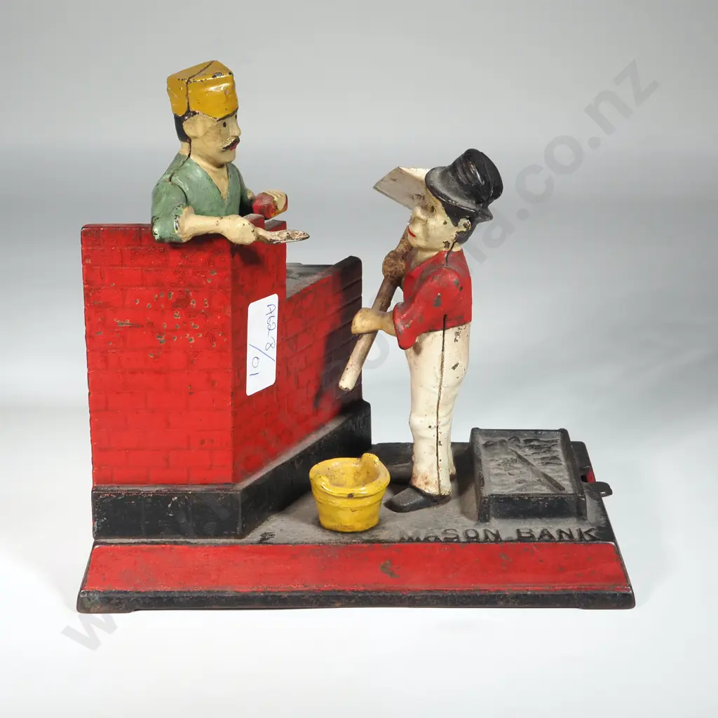 Antique Metal Painted Cast Iron Mason Bank w Movable Action - Bricklayers at Work. Image 1++