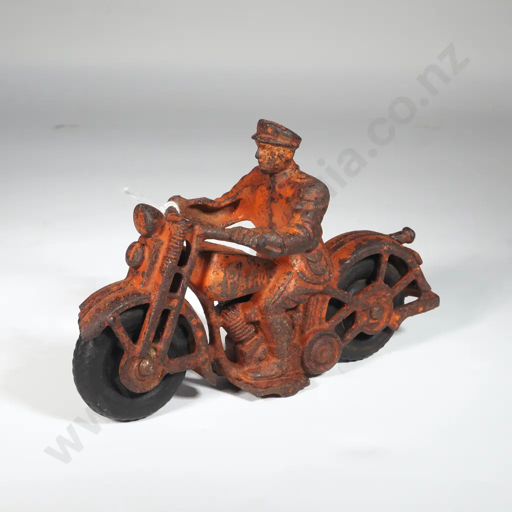 1940s Orange Hubley Cast Free Wheel Motorcycle w Driver A/F. Image 1++