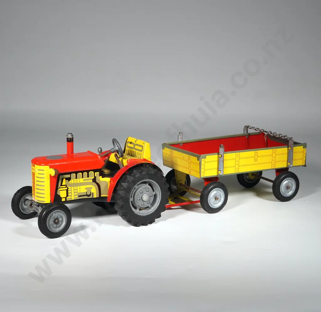 1970s Red/Yellow Zetor Clockwork Tin Tractor & Trailor Image 1++