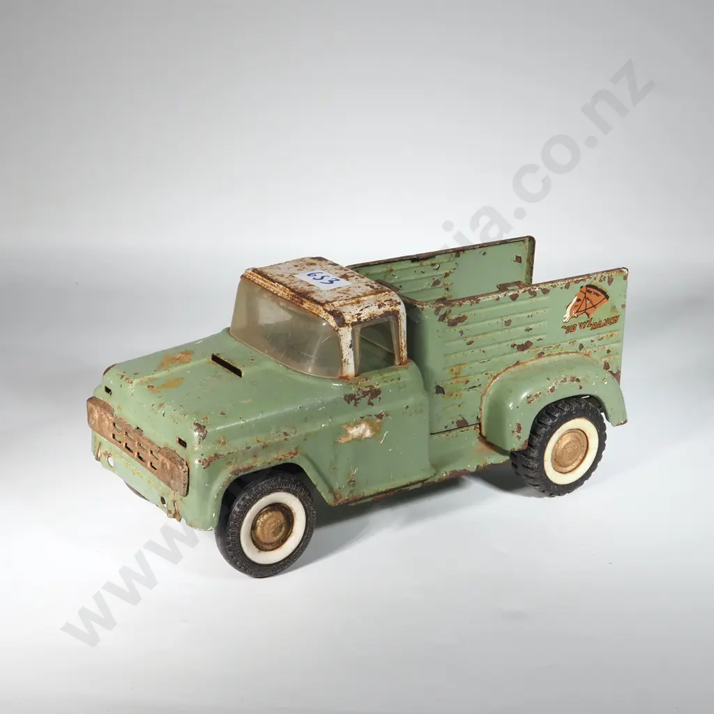 Vintage Buddy L Ranch Pressed Steel Green Pickup Truck w Cream Cab. Image 1++