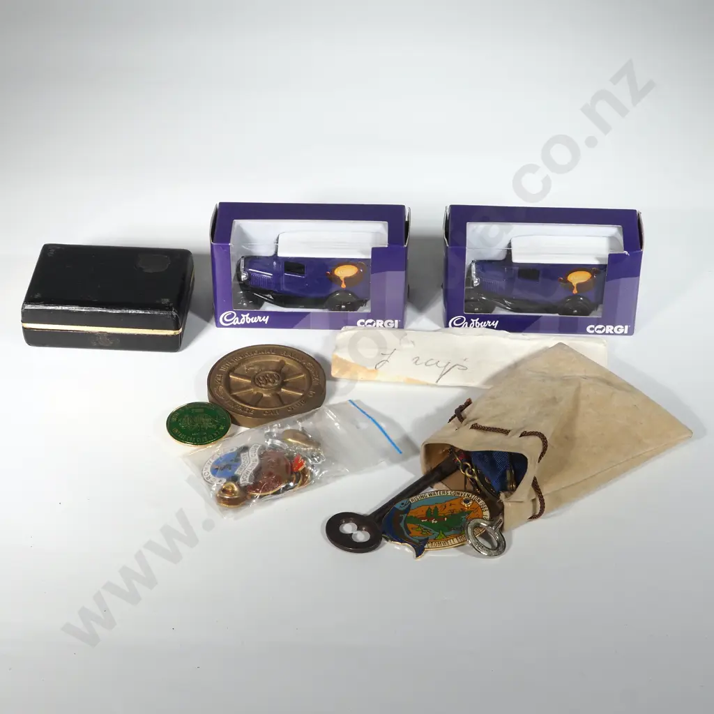 Collection Of Vintage Items, Including Cufflinks, Keys, Badges, Money & Two Cadbury Model Trucks Image 1++