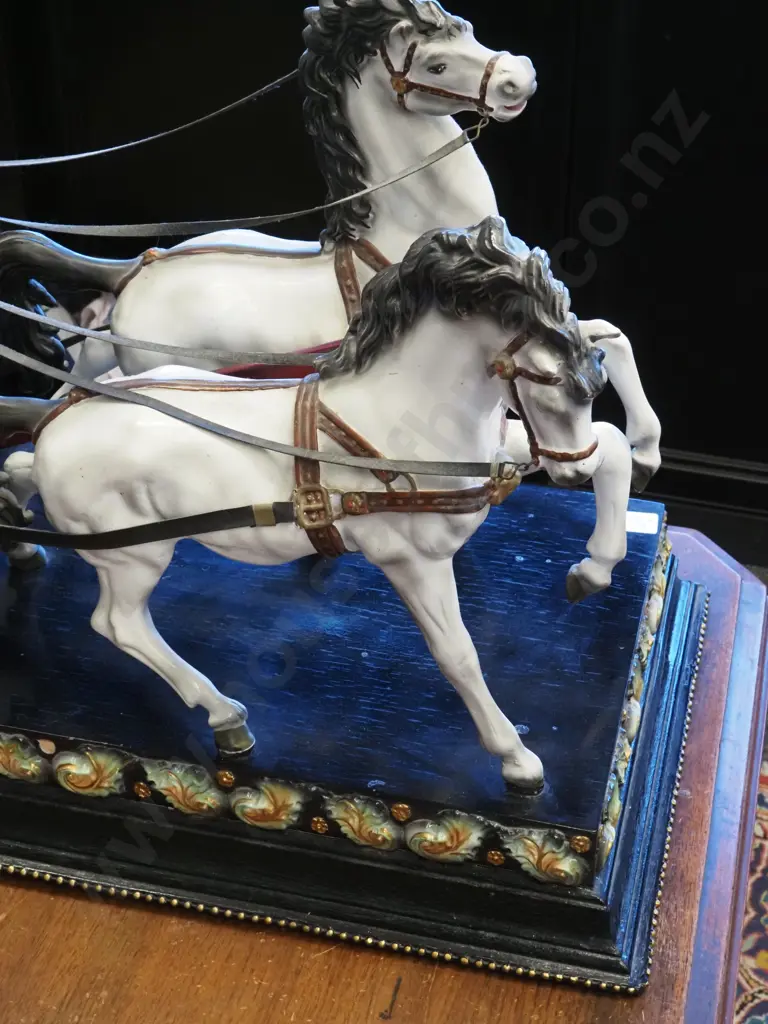 Papier-mâché & Resin Roman Charioteer & Chariot w Two Horses on a Decorated Wooden Plinth. Image 1++