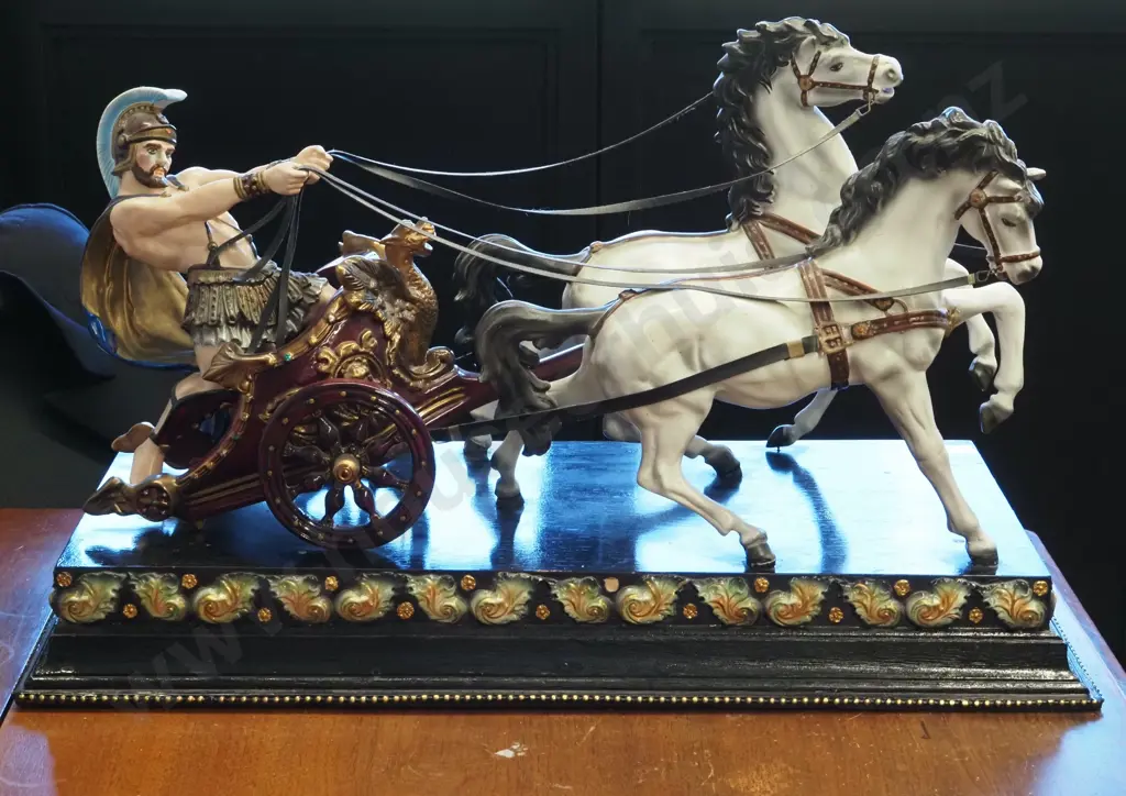 Papier-mâché & Resin Roman Charioteer & Chariot w Two Horses on a Decorated Wooden Plinth. Image 1++