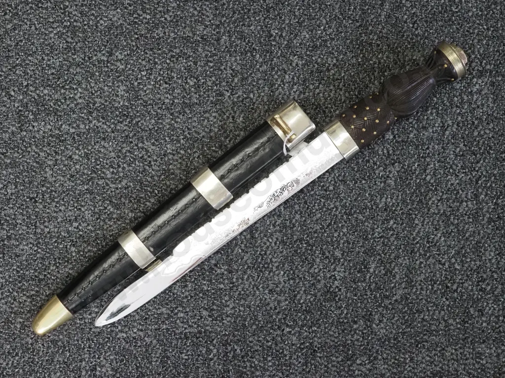 Decorative Scottish Dirk w Leather Scabbard & Silver Plated Mounts. Image 1++