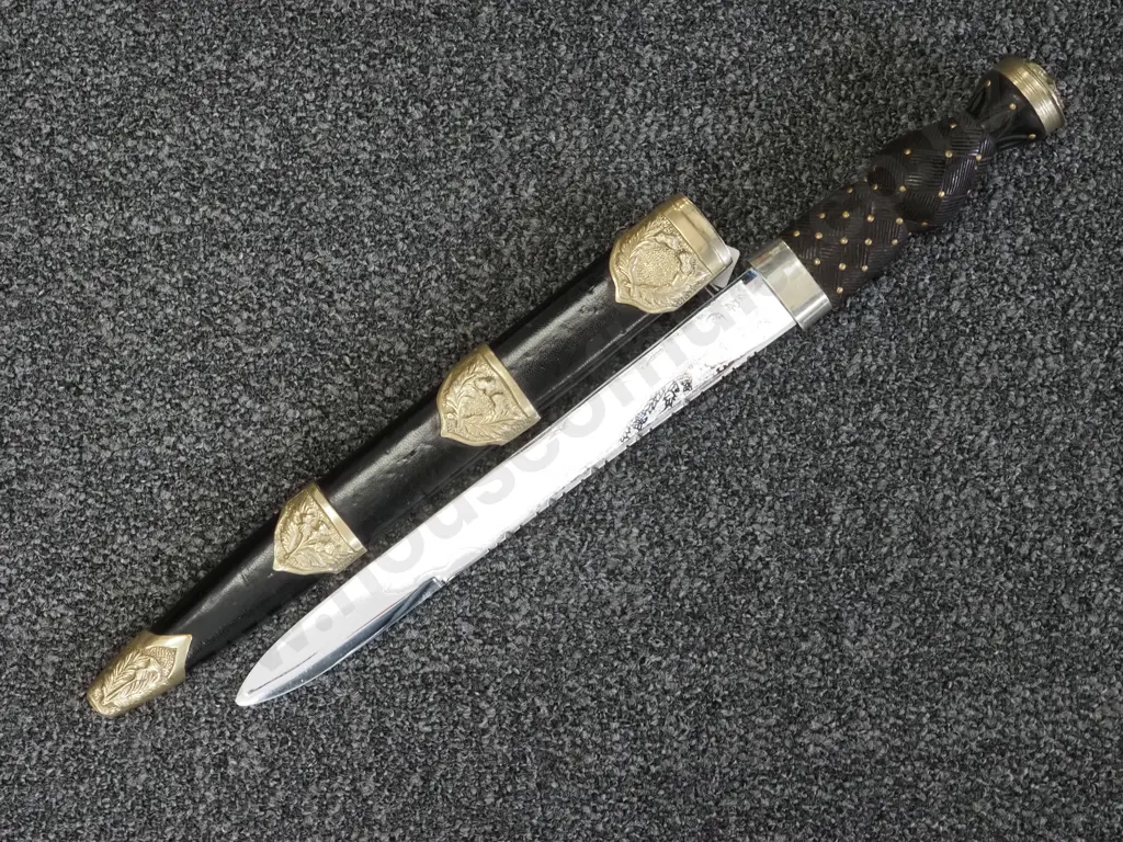 Decorative Scottish Dirk w Leather Scabbard & Silver Plated Mounts. Image 1++