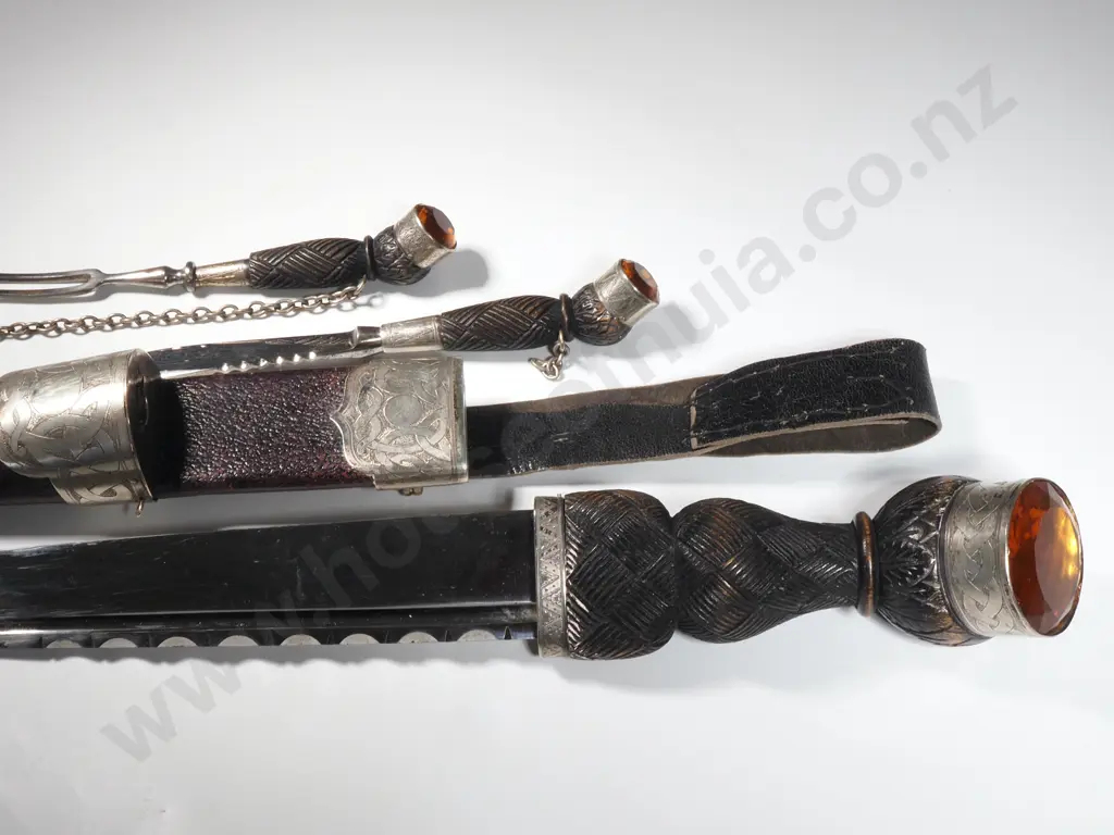 Scottish Dirk w Small Knife & Fork,  Large Amber Coloured Gem to Handles & Silver Plate Mounts. Image 1++
