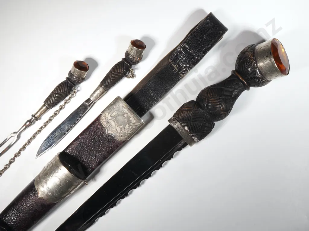 Scottish Dirk w Small Knife & Fork,  Large Amber Coloured Gem to Handles & Silver Plate Mounts. Image 1++