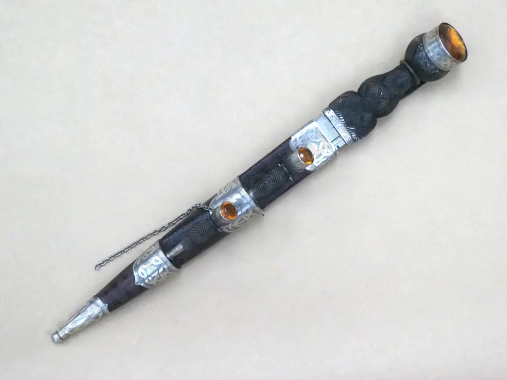 Scottish Dirk w Small Knife & Fork,  Large Amber Coloured Gem to Handles & Silver Plate Mounts. Image 1++