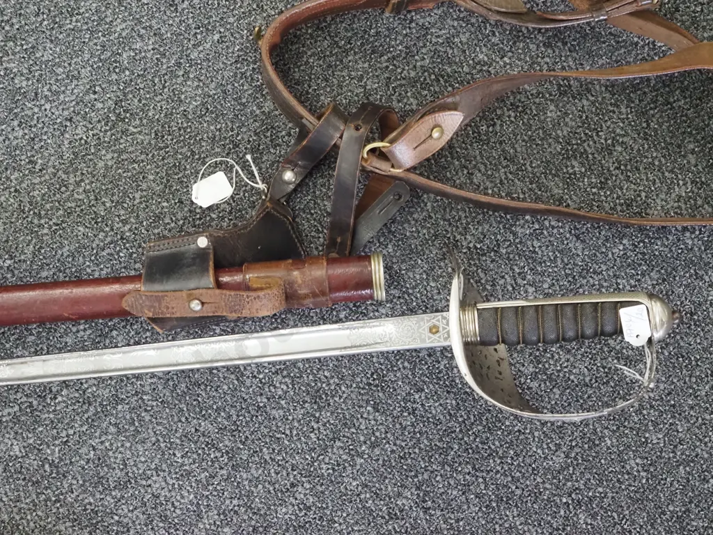 1898 Pattern Infantry Sword - George V. Made by Wilkinson. Leather Scabbard & Sam Brown Belt & Frog. Image 1++