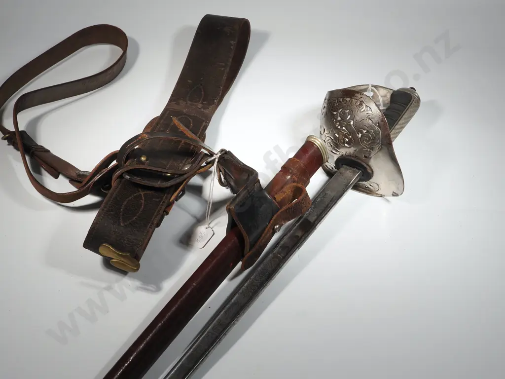 1898 Pattern Infantry Sword - George V. Made by Wilkinson. Leather Scabbard & Sam Brown Belt & Frog. Image 1++